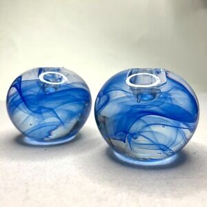 Kosta Boda Sweden Art Glass Candle Holders Paperweights Blue Swirl Signed Pair